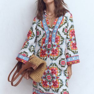 Carmen Linen Short Dress-Multi. Ornamental Trellis