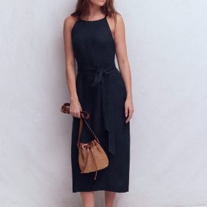 Rosa Halter Linen Midi Dress-Navy