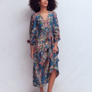 Florence Linen Blend Dress-Blue. Enchanting Bouquet