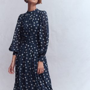 High Neck Occasion Dress-French Navy, Painted Dot