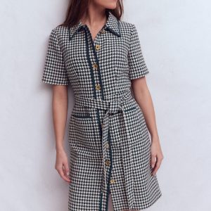 Loren Trim Short Dress-Navy Dogtooth