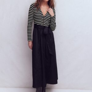 Long Sleeve Mix Media Dress-Black Stripe