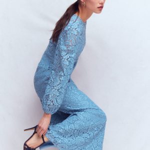 High Neck Lace Dress-Blue