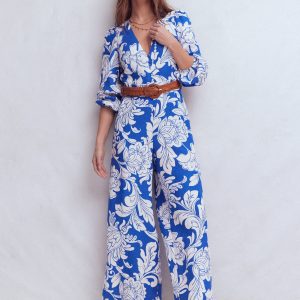 Lola Linen Jumpsuit-Blue Botanical Flourish Mono