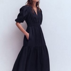 Irene Linen Midi Dress-Navy