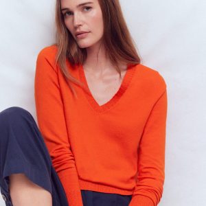Emilia Cotton V Neck Sweater-Sunset Orange