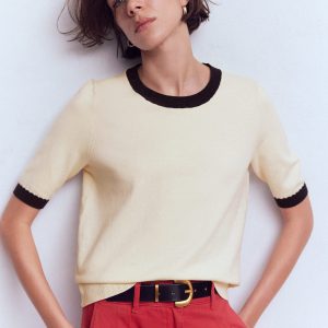 Emilia Cotton Crew T-shirt-Warm Ivory, Navy