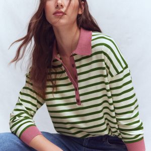 Lara Cotton Henley Jumper-Warm Ivory, Courtyard Stripe