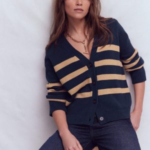 Lucy Relaxed Cotton Cardigan-Navy/ Camel Melange