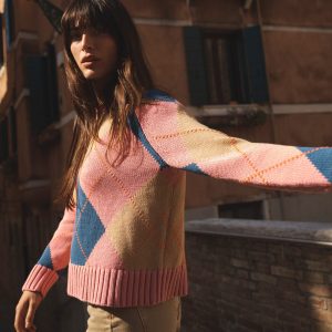 Camilla Cotton Argyle Sweater-Pink Argyle