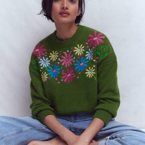 Isa Embroidered Sweater-Herb Garden, Green Flowers