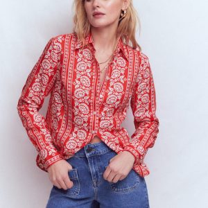 Sienna Linen Shirt-Red. Ornate Floret