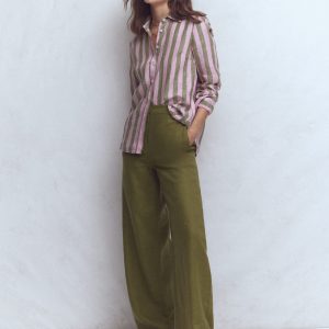 Sienna Linen Shirt-Green and Pink Stripe