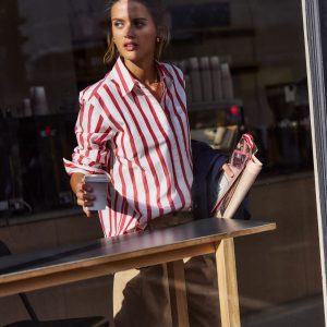 Sadie Relaxed Cotton Shirt-Ivory and Salsa Stripe