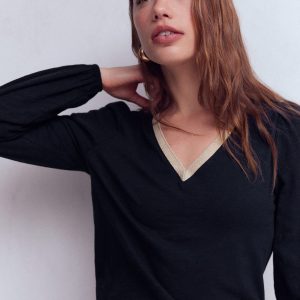 Metallic Trim V-neck Top-Navy