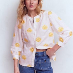 Alicia Linen Top-White. Floral embroidery