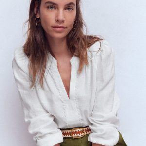 Notch Neck Linen Trim Top-White