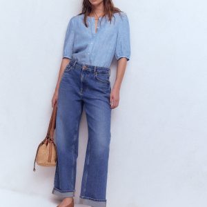 Leah Short Sleeve Linen Top-Blue Chambray