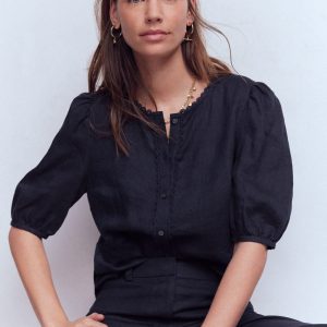 Leah Short Sleeve Linen Top-Navy