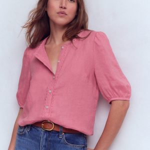 Leah Short Sleeve Linen Top-Pink Parfait