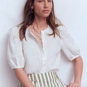 Leah Short Sleeve Linen Top-White