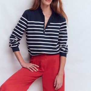 Half-Zip Frill Sweatshirt-Navy, Ivory Stripe