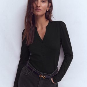 Supersoft Open Neck Henley-Black