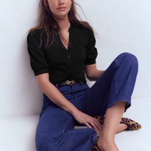 Short Sleeve Open Neck Henley-Black