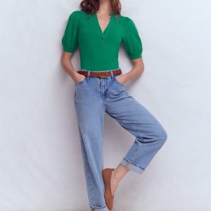 Short Sleeve Open Neck Henley-Jewel Green