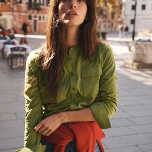 Topstitched Pocket Shirt-Woodland Green