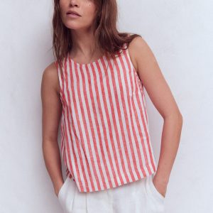 Sofia Linen Top-Bright Cherry Stripe