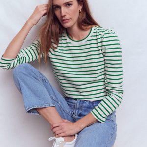 Pleat Sleeve Stripe Top-Jewel Green and Ivory Stripe