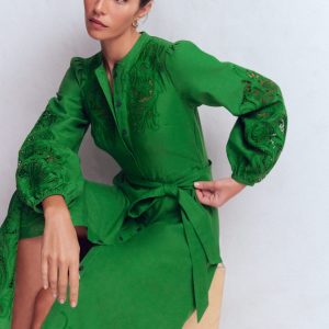 Mae Linen Blend Shirt Dress-Highland Green