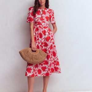 Ivy Linen Midi Dress-Red Shadow Blossom