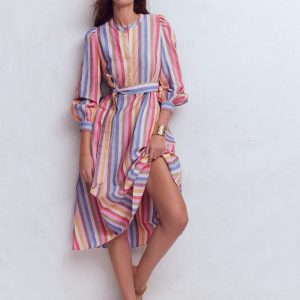 Ava Linen Blend Midi Dress-Pink. Green. Purple Multi