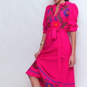 Ava Linen Blend Midi Dress-Multi Embroidery