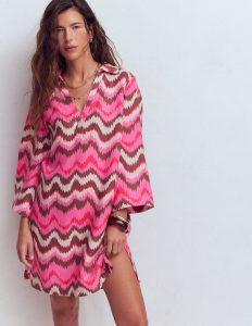 Carmen Linen Short Dress-Pink. Zig Zag Wave
