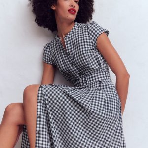 Arabella Linen Blend Dress-Navy Gingham