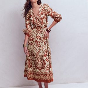 Florence Linen Blend Dress-Orange. Ornamental Garden