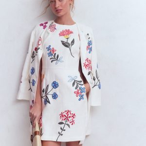 Occasion Short Linen Dress-White Embroidery