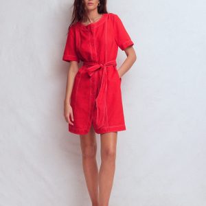 Callie Linen Short Dress-Bright Cherry