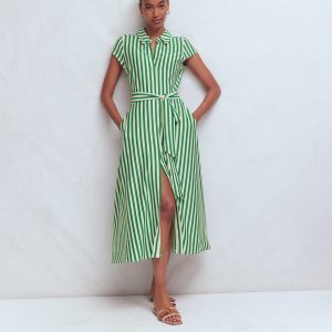 Marcia Jersey Shirt Dress-Green and Ivory Stripe