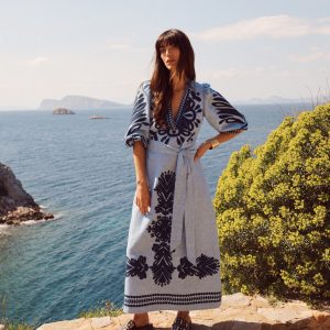 Octavia Linen Dress-Embroidered Chambray