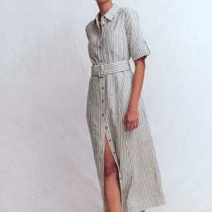 Ora Linen Blend Shirt Dress-Navy Ivory Stripe