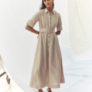Ora Linen Blend Shirt Dress-Coffee