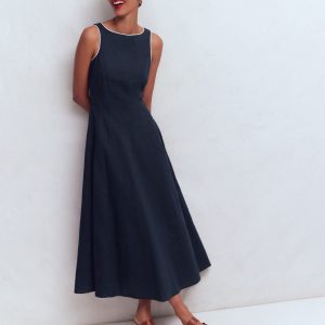 Annet Linen Blend Midi Dress-Navy