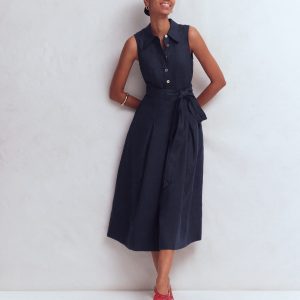 Belinda Linen Shirt Dress-Navy