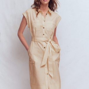 Short Belted Shirt Dress-Brown Fine Stripe
