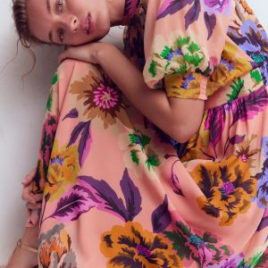 High Neck Blouson Sleeve Dress-Multi Opulent Blossom