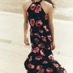 Roisin Tie Neck Maxi Dress-Black Whimsical Roses